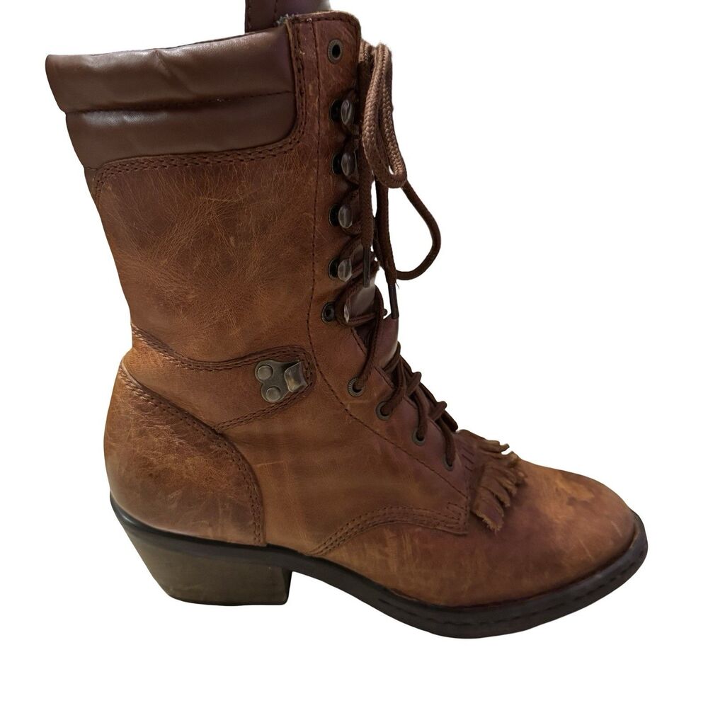 Womens 8 M Vintage Brown Leather Lace Up Packer Western Boots‎ Tan Kiltie